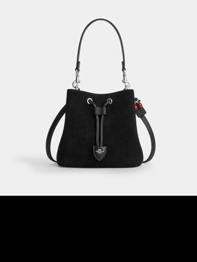 Coach Black Suede Drawstring Bucket Shoulder Bag with Red Charm